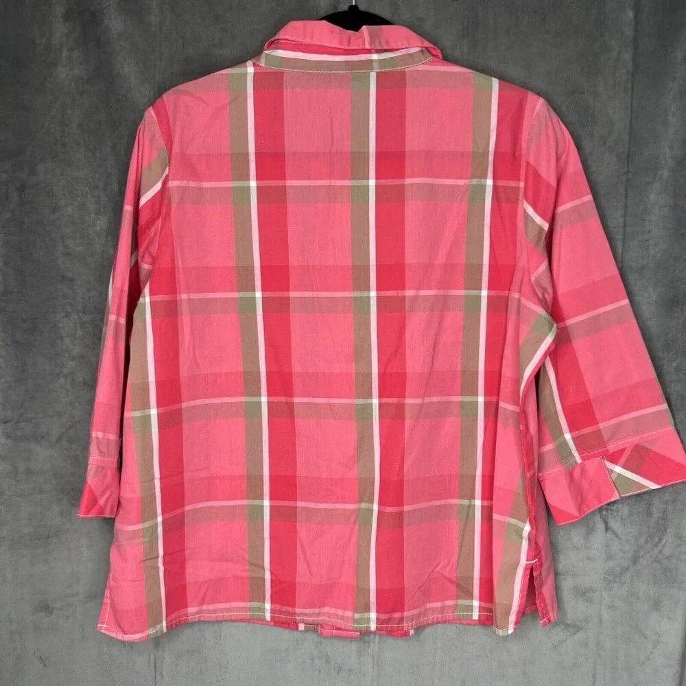 Rebecca Malone Top XL Casual Button Up 3/4 Sleeve Pink Plaid Blouse Collared - Picture 7 of 8